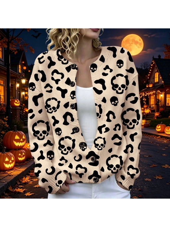 Halloween Cardigan for Women Funny Skull Graphic Long Sleeve Button Front Cardigans Casual Holiday Knitted Lightweight Sweaters XXL