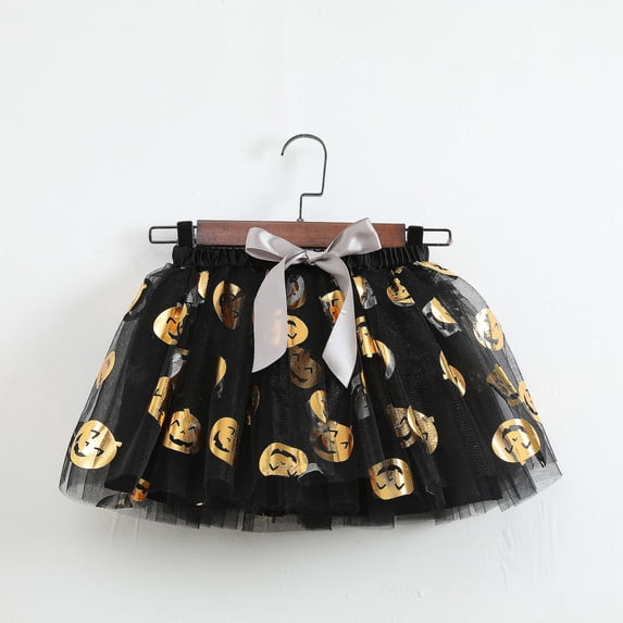 FASHOFT Halloween For Girls Spider Web Pumpkin Print Mesh Skirt With Lining Fluffy Tutu Short Skirt Stage Party Wear Kids Halloween Dress Up Black 6-8 Years