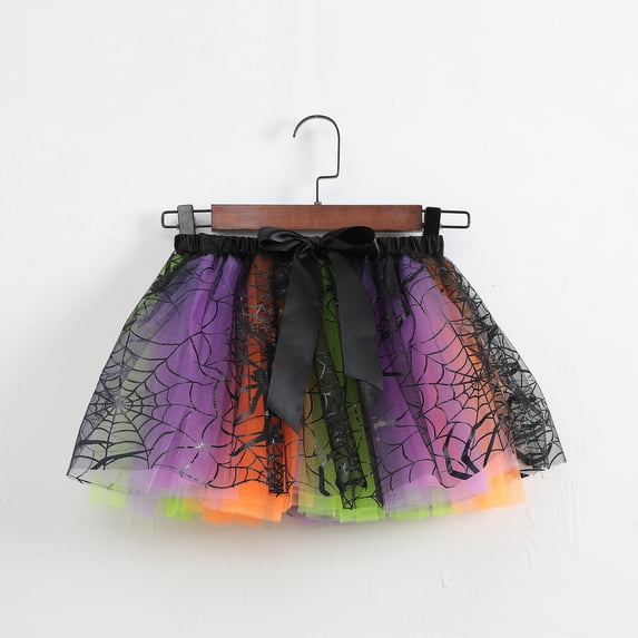 FASHOFT Halloween For Girls Spider Web Pumpkin Print Mesh Skirt With Lining Fluffy Tutu Short Skirt Stage Party Wear Kids Halloween Dress Up Purple 6-8 Years