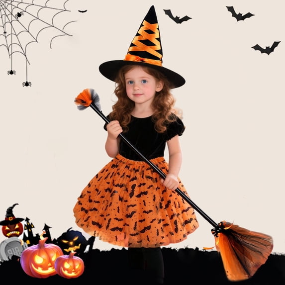 FASHOFT Halloween For Girls Tulle Tutu Half Skirt With Hat Broom 3Pcs Set Holiday Party Dance Performance Cosplay Outfit For Children Girls Halloween Party Wear Orange 4-6 Years