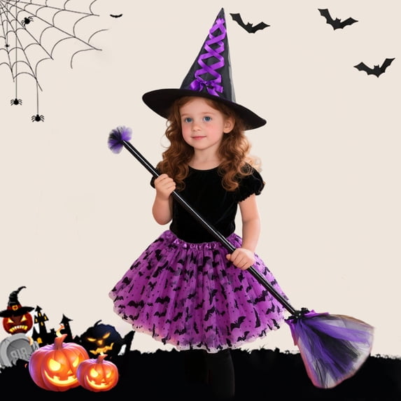 FASHOFT Halloween For Girls Tulle Tutu Half Skirt With Hat Broom 3Pcs Set Holiday Party Dance Performance Cosplay Outfit For Children Girls Halloween Party Wear Purple 4-6 Years