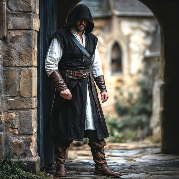 FASHOFT Halloween for Men Hooded Jacket Linen Look Surcoat Drawstring Waist Historical Renaissance LARP Roleplay Cosplay Outerwear