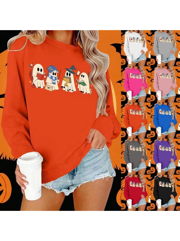 Halloween for Women Goose Graphic Halloween Sweatshirt Ghost Long Sleeve Shirts Graphic Tees Fall Spooky Pullover Tops Grey XXL