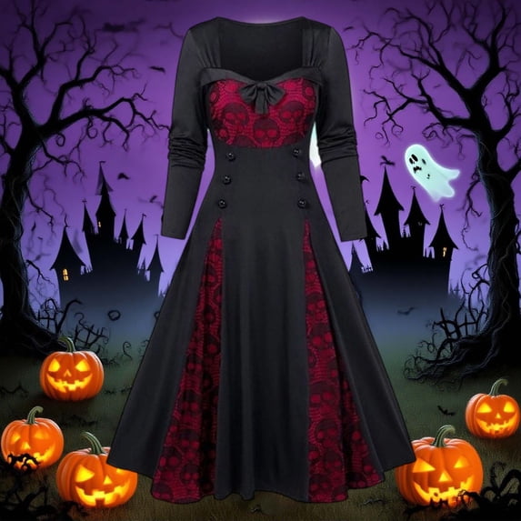 FASHOFT Halloween Dresses For Women Lace Patchwork Color Block Long Dress Elegant Party Gown Casual Cosplay Stage Outfit Halloween Costumes L