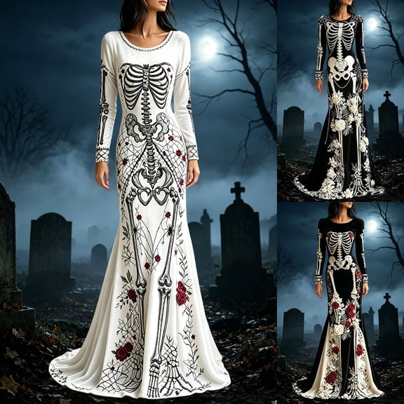 FASHOFT Halloween Dresses for Women 3D Skeleton Print Velvet Floral Halloween Maxi Skeleton Dress Cosplay Party Events Gothic Dresses XXXXXL