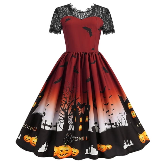 FASHOFT Halloween Dresses For Women Hepburn Style Vintage Lace Crew Neck Short Sleeve Print Swing Dress Elegant Party Gown Outfit Halloween Costumes L