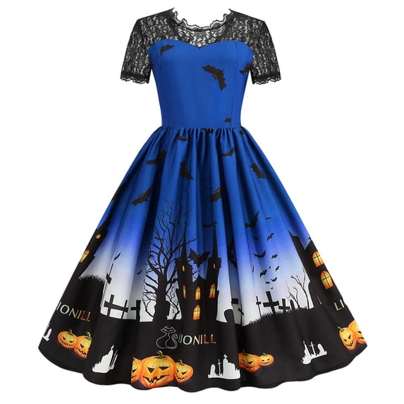 FASHOFT Halloween Dresses For Women Hepburn Style Vintage Lace Crew Neck Short Sleeve Print Swing Dress Elegant Party Gown Outfit Halloween Costumes S