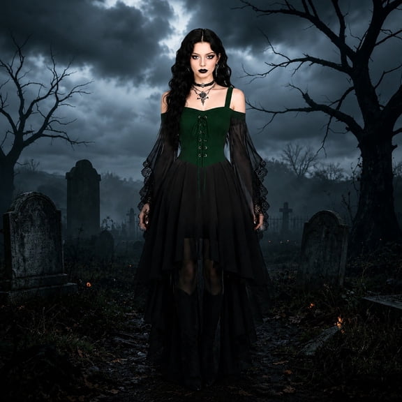FASHOFT Witch Dress for Women Halloween Vampire Butterfly Sleeve Mesh Gothic Outfits Renaissance Dress