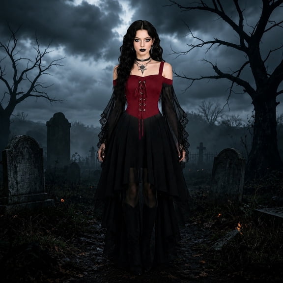FASHOFT Witch Dress for Women Halloween Vampire Butterfly Sleeve Mesh Gothic Outfits Renaissance Dress