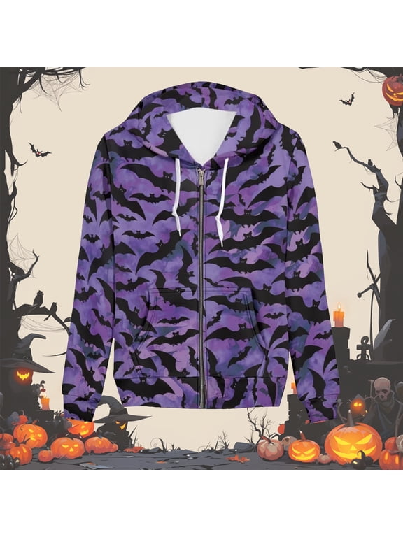 Halloween Hoodie for Women Bat Graphic Oversized Zip up Sweatshirt Long Sleeve Full Zip Pullover Fall Winter Jackets Purple XXL