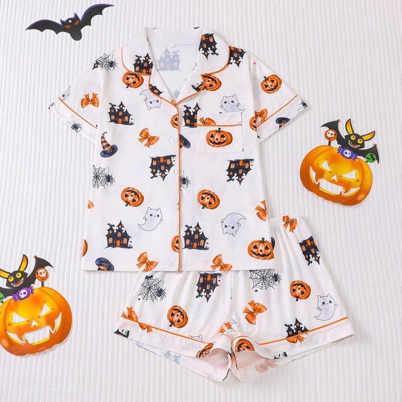 FASHOFT Halloween Pajama Sets for Women 2 Piece Ghost Pumpkin Print Silk Satin Short Sleeve Button Down Shirts Matching Shorts Set Cute Comfy Pjs White L