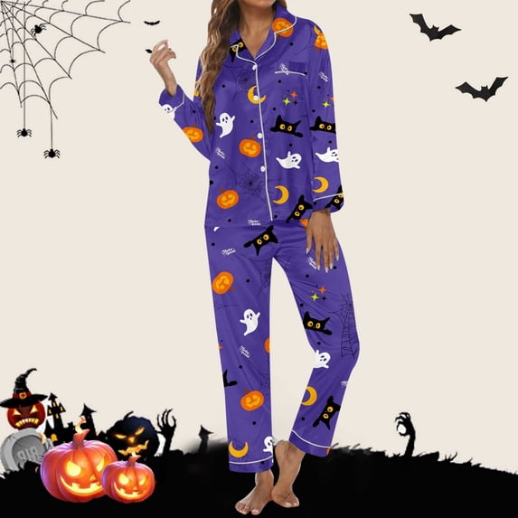 FASHOFT Halloween Pajama Sets for Women 2 Piece Pumpkin Ghost Print Silk Satin Long Sleeve Button Down Shirts Matching Pants Set Cute Comfy Pjs Purple M