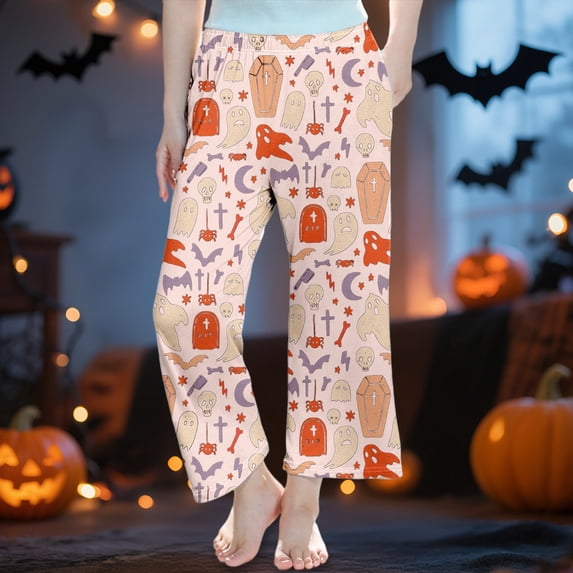 FASHOFT Halloween Pajamas Pants for Girls Cute Printed Sleep Pants Long Casual Loungewear Comfortable Relaxed Fit Trousers 3-14 Years Halloween Loungewear Pink 3-4 Years