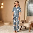 thumbnail image 1 of FASHOFT Halloween Pajamas Set for Girl Cute Ghost Pumpkin Graphic Button Down Silk Satin 2 Piece Pj Sets Ruffle Long Sleeve Sleepwear Halloween Dark Blue 15-16 ears, 1 of 4