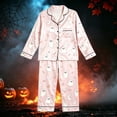 thumbnail image 1 of FASHOFT Halloween Pajamas Set for Girl Cute Ghost Pumpkin Graphic Sleepwear Button Down Silk Satin 2 Piece Pj Sets Ruffle Long Sleeve Halloween Loungewear Khaki 11-12 Years, 1 of 3