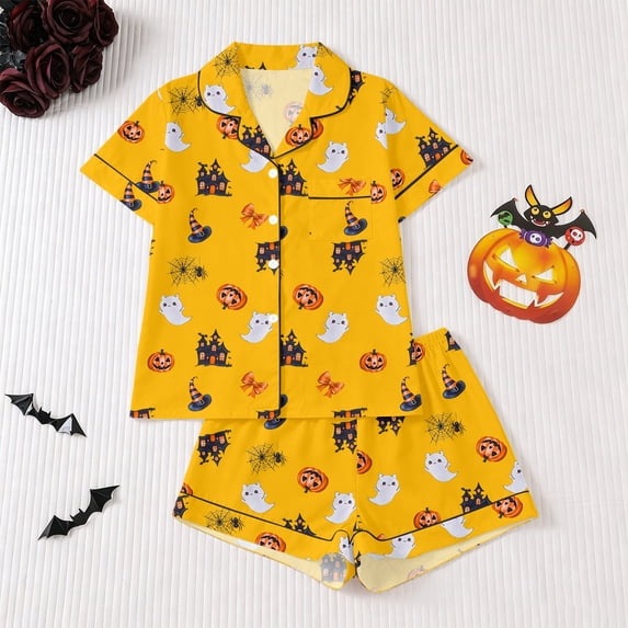FASHOFT Halloween Pajamas Set for Girls 2 Piece Ghost Pumpkin Print Button up Shirts and Shorts Pj Cute Silk Satin Sleepwear Loung Sets Yellow 4-5 Years