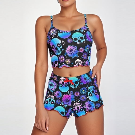 FASHOFT Halloween Pajamas Women Funny Skeleton Graphic Sleeveless Racerback Tank Top and Shorts 2 Piece Pjs Set Casual Lounge Set Dark Blue L