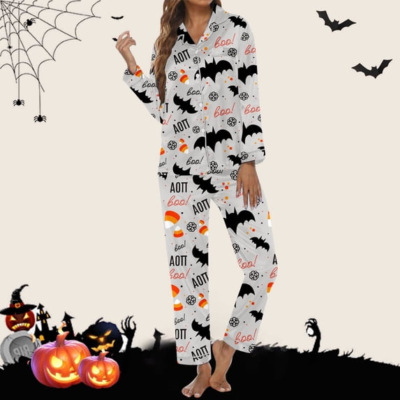 FASHOFT Halloween Pajamas Women Ghost Pumpkin Print Silk Satin Long Sleeve Button Down Shirts Matching Pants Set Cute Comfy Pjs Grey XXL