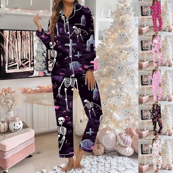 FASHOFT Halloween Pajamas Women Pumpkin Ghost Print Silk Satin Long Sleeve Button Down Shirts Matching Pants Set Cute Comfy Pjs E XL
