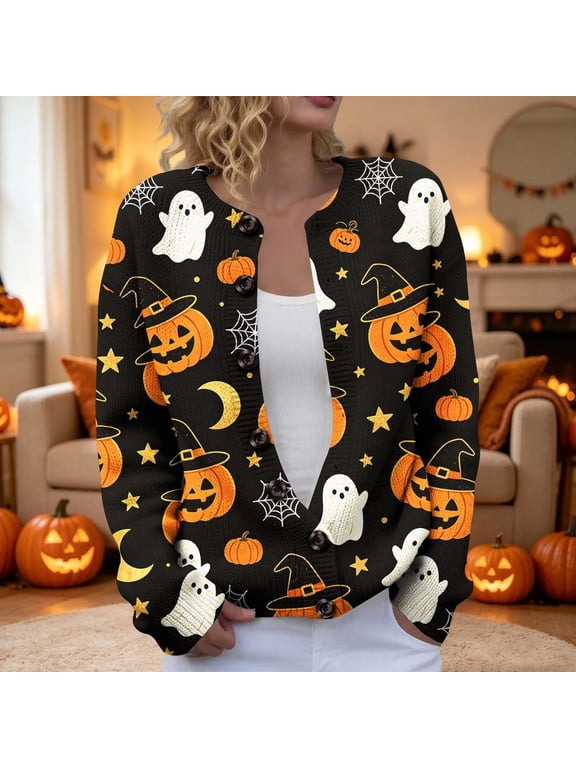 Halloween Sweaters for Women Cute Pumpkin Graphic Button Front Cardigan Ghost Print Fall Sweater Long Sleeve Knit Tops XXXXXL