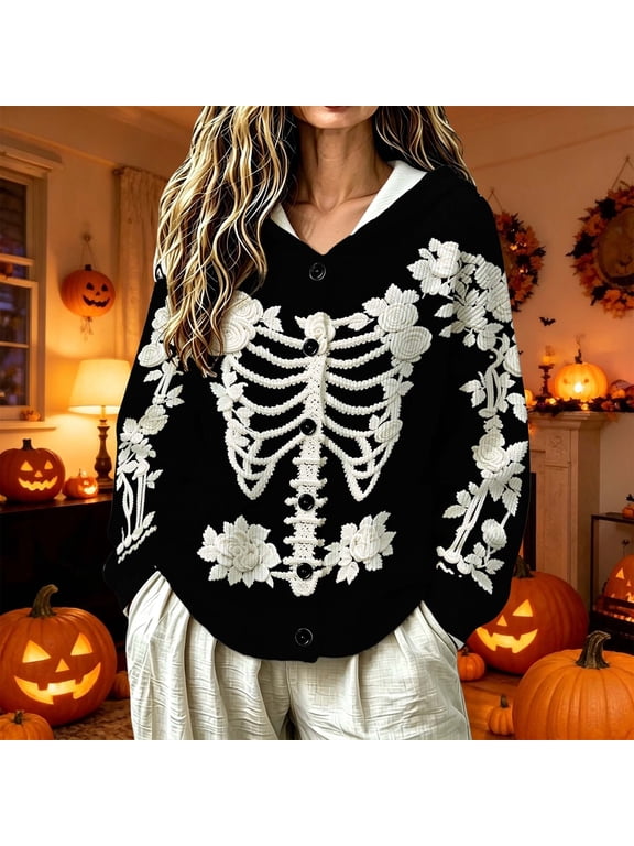 Halloween Sweaters for Women Skeleton Floral Graphic Crewneck Sweater Long Sleeve Gothic Pullover Vintage Skull Sweaters Fall Cardigan S