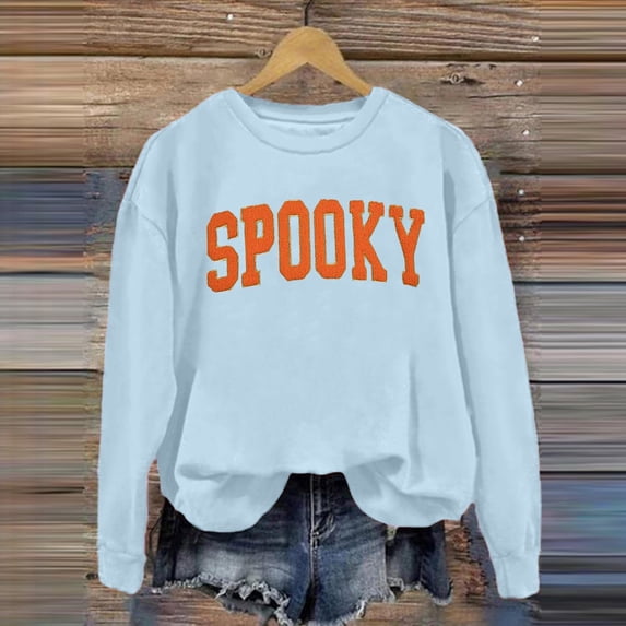 FASHOFT Halloween Sweatshirt for Women Cute Ghost Spooky Season Sweaters Halloween Ghost Sweatshirts Spooky Season Sweater Graphic Tees Pumpkin Long Sleeve Shirt Fall Crewneck Tops Light Blue S