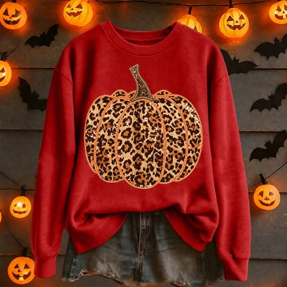 FASHOFT Halloween Sweatshirt for Women Leopard Print Pumpkin Graphic Pullover Long Sleeve Crew Neck Tops Cozy Fall Winter Sweatshirts L