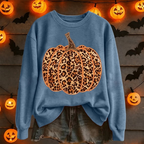 FASHOFT Halloween Sweatshirt for Women Leopard Print Pumpkin Graphic Pullover Long Sleeve Crew Neck Tops Cozy Fall Winter Sweatshirts S
