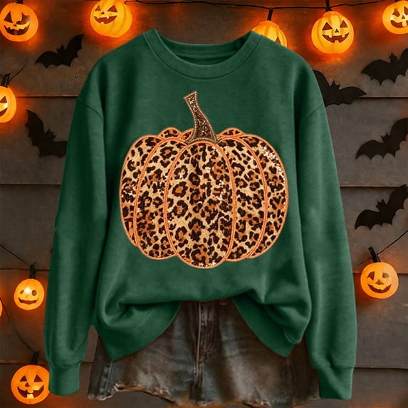 FASHOFT Halloween Sweatshirt for Women Leopard Print Pumpkin Graphic Pullover Long Sleeve Crew Neck Tops Cozy Fall Winter Sweatshirts XXXL