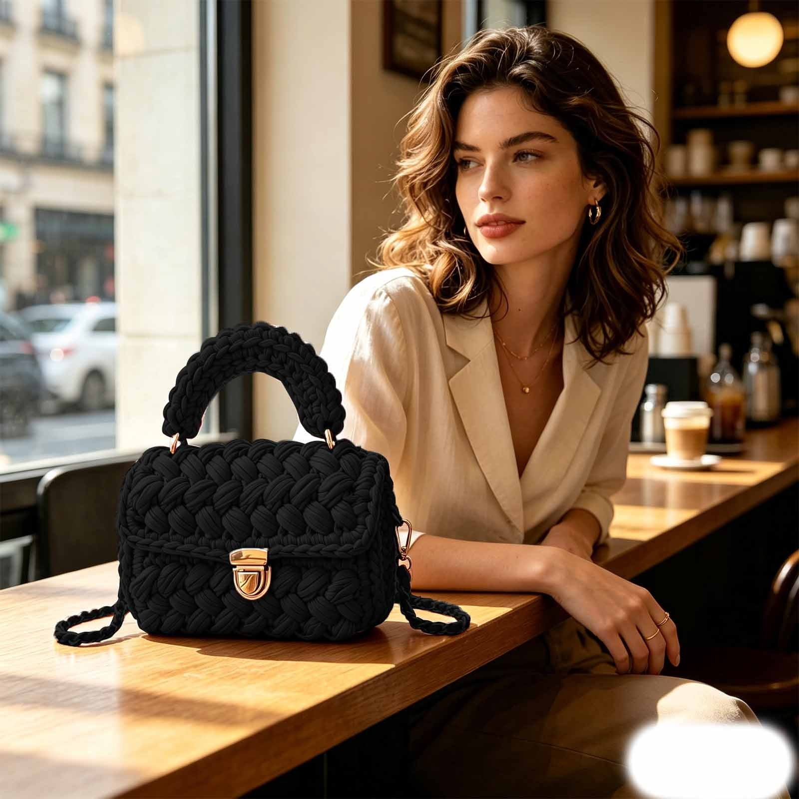 FASHOFT Handmade Crochet Handbags for Women Handcrafted Woven Shoulder Purse Handwoven Tote Clutch Purse Crossbody Bag for Mom Gift Crochet Bag Black