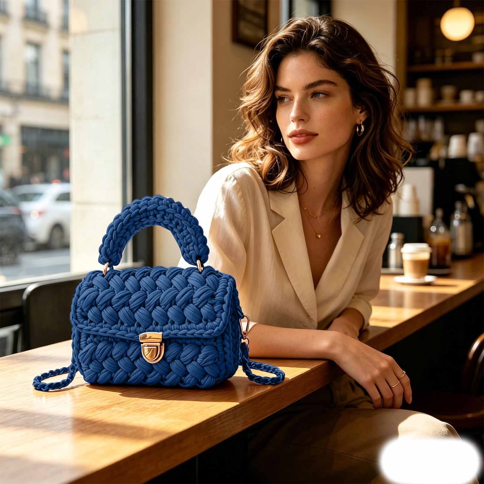 FASHOFT Handmade Crochet Handbags for Women Handcrafted Woven Shoulder Purse Handwoven Tote Clutch Purse Crossbody Bag for Mom Gift Crochet Bag Blue