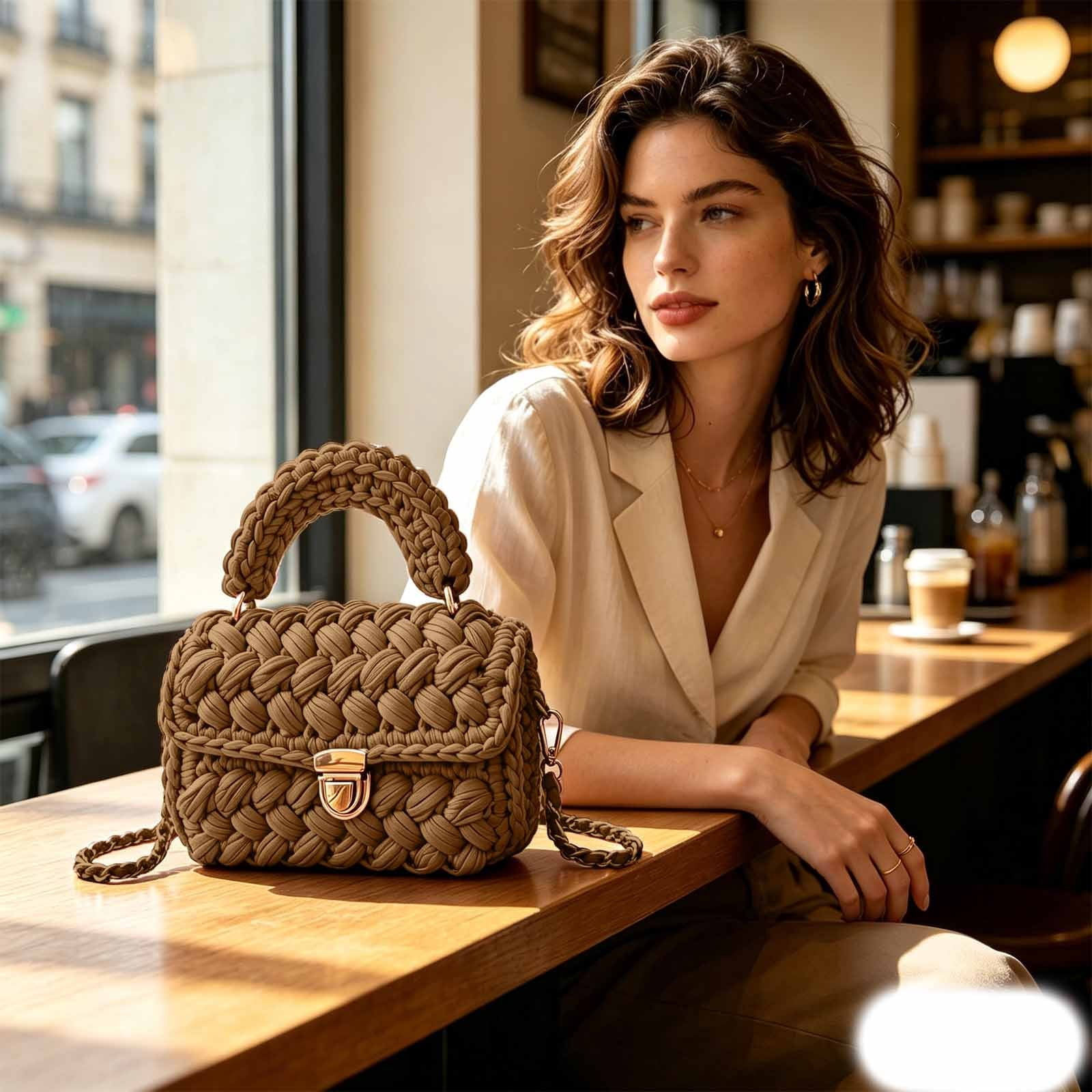 FASHOFT Handmade Crochet Handbags for Women Handcrafted Woven Shoulder Purse Handwoven Tote Clutch Purse Crossbody Bag for Mom Gift Crochet Bag Brown