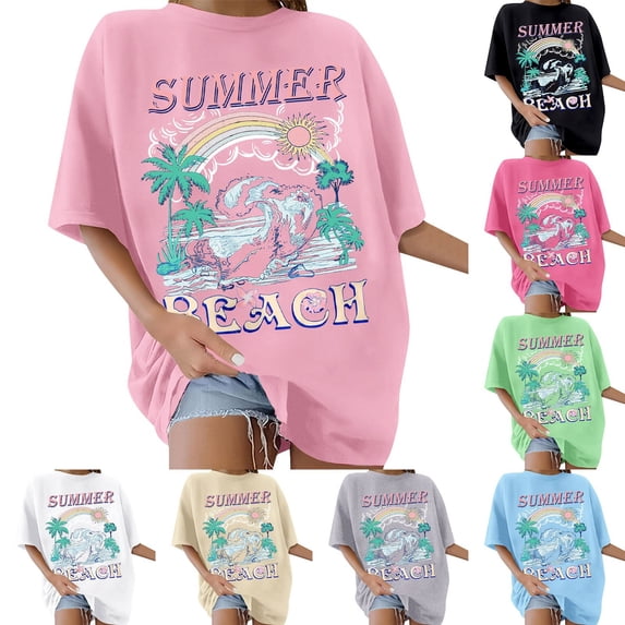 FASHOFT Hawaiian Shirts for Women Beach Hawaii Tropical Oversized Graphic Tees Sunshine Vacation Summer Tops Beige S