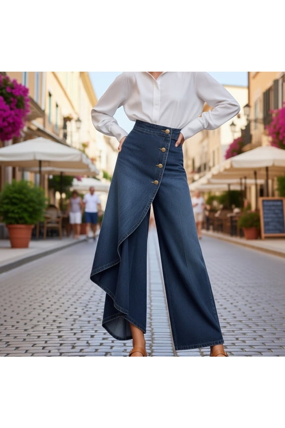 High Waisted Jeans for Women Trendy Patchwork Wide Leg Irregular Splicing Jean Casual Loose Fit Denim Pant with Button Closure BU3 XXL