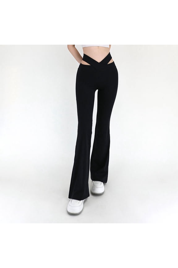 Hollow Out Flare Leggings For Women Crossover High Waist Yoga Pants Butt Lift Workout Bell Bottoms Black L