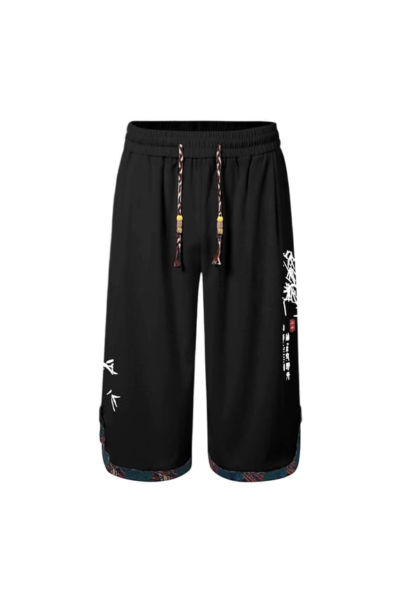 Ice Silk Capri Pants For Men Chinese Style Printed Shorts Loose Breathable Casual Trousers For Summer Daily Bottoms Black