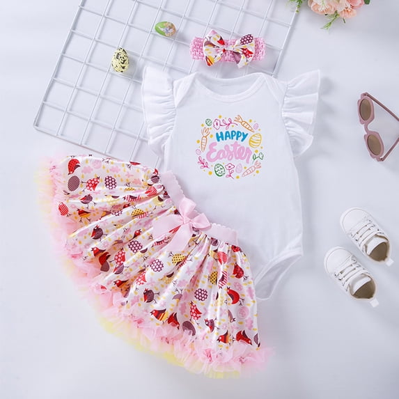FASHOFT Infant Baby Girl First Easter Outfit Short Sleeve Easter Cartoon Rabbit Prints Romper and Mesh Skirt Set Newborn Easter Costume Pink 9-12 Months