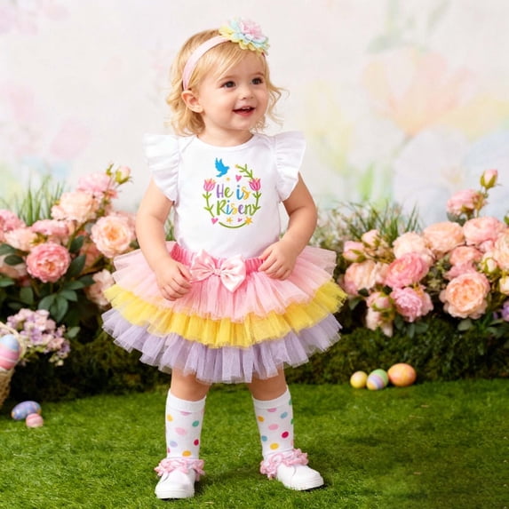 FASHOFT Baby Girl Easter Outfit Short Ruffle Sleeve Letter Print Romper Bowknot Tutu Skirt With Socks Headbands 4 Piece Outfits Set Multicolour2 12-18 Months