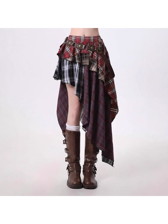 Irregular Plaid Skirt For Women Y2K Pure Desire A Line Niche Design For Summer Daily Street Wear Mini Skirt Wine