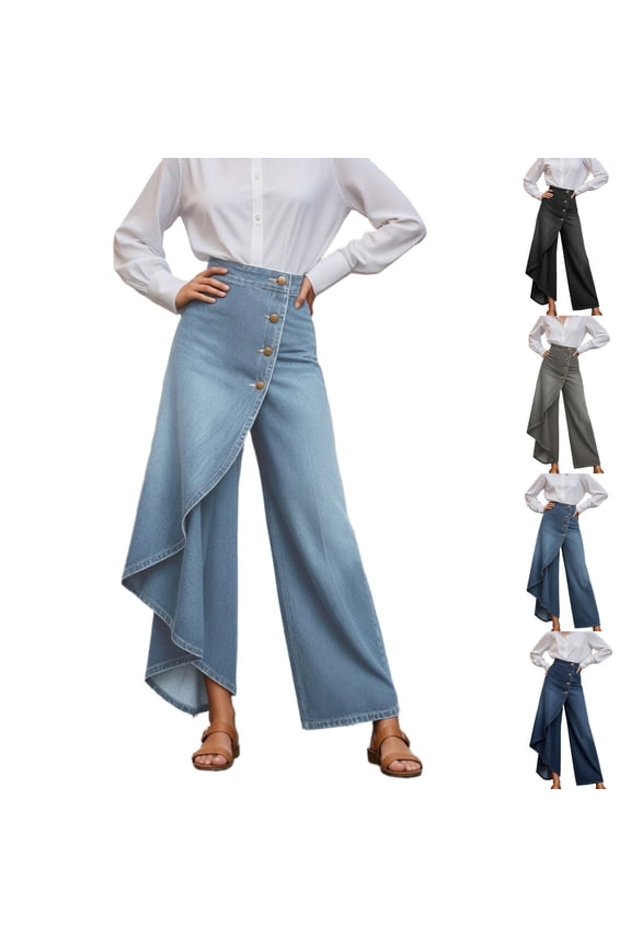 Irregular Splicing Straight Leg Jeans for Women High Waist Patchwork Wide Leg Pull On Jean Casual Loose Fit Denim Pant with Button Closure Black XXXL