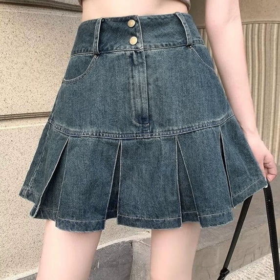 FASHOFT Jean Skirt for Women Casual Denim Skirt Pleated Design Mini Length Slim Fit Fashion All Match Daily Street Wear Denim Skirts Blue