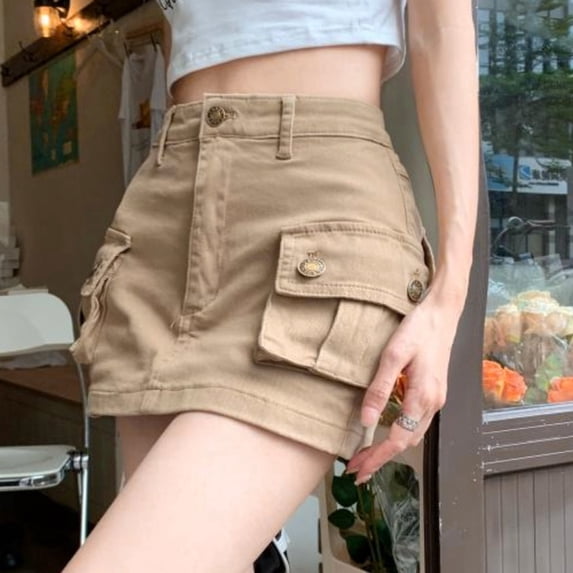 FASHOFT Jean Skirts for Women Denim Denim Cargo Skirt Slim Fit Midi High Waisted A Line Mini Casual Streetwear Denim Skirt Khaki