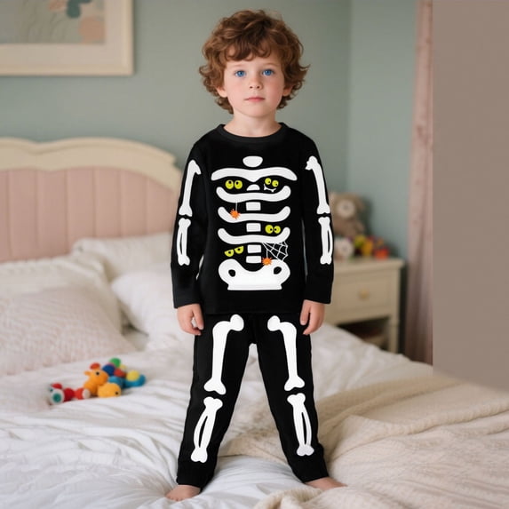 FASHOFT Kids Halloween Bone Pattern Long Sleeve Tee And Trousers Set Casual 2 Piece Outfit For Toddlers 2-8 Years Halloween Dress Up Outfit Kids Halloween Dress Up Black 2-3 Years
