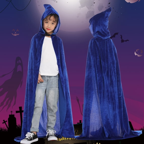 FASHOFT Kids Hooded Velvet Cloak Halloween for Boys Girls Christmas Cosplay Party Fancy Cape Blue 11-14 Years