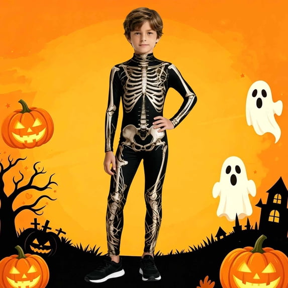 FASHOFT Kids Skeleton Halloween Child White Bones Stretch Body Suit for Boys Girls Zip Front Cosplay Party Jumpsuit Black 11-12 Years