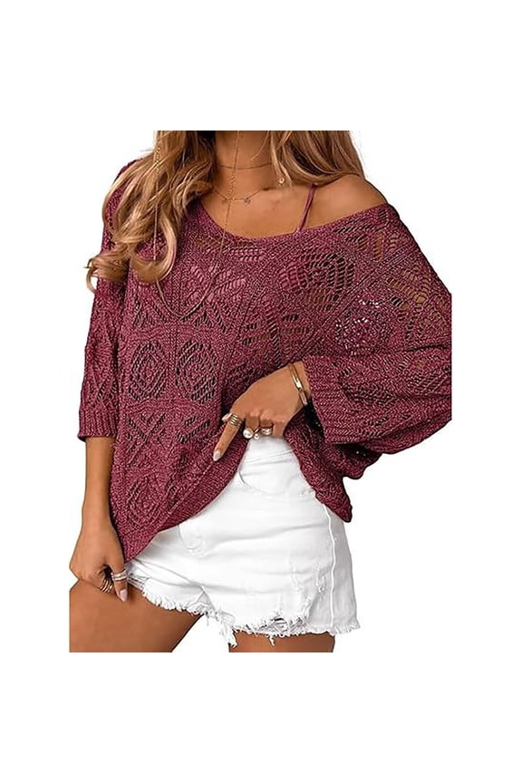 Knit Sweaters for Women Crochet Hollow Out Three Quarter Sleeve Pullover Off Shoulder Design Lightweight Stylish Spring Autumn Daily Wear Blouses Women Sweaters