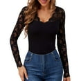 thumbnail image 1 of FASHOFT Lace Long Sleeve Shirts for Women Trendy Slim Fitted V Neck Going Out Outfits Basic Tight Tops Black L, 1 of 9