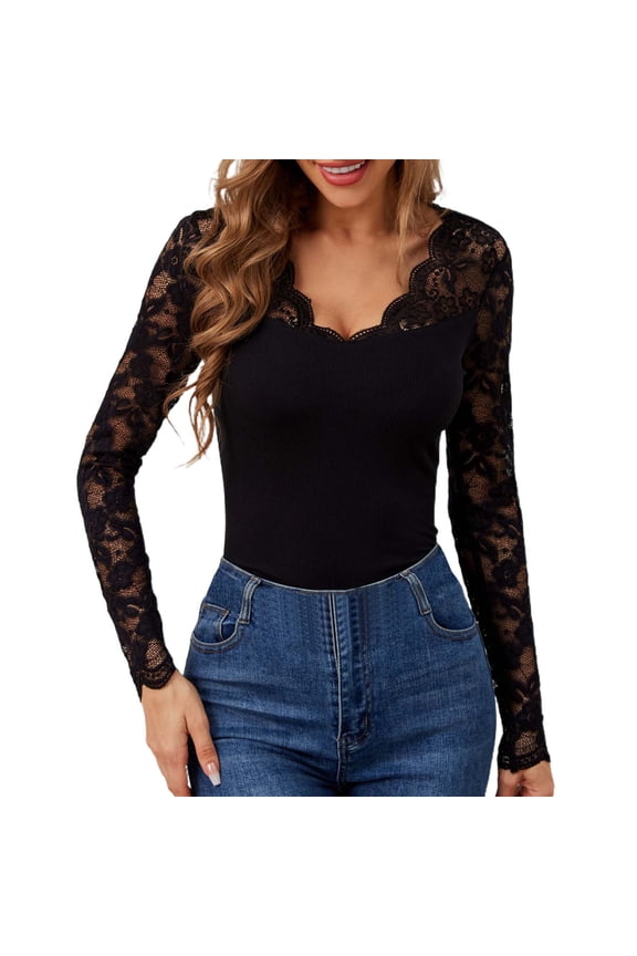 Lace Long Sleeve Shirts for Women Trendy Slim Fitted V Neck Going Out Outfits Basic Tight Tops Black L