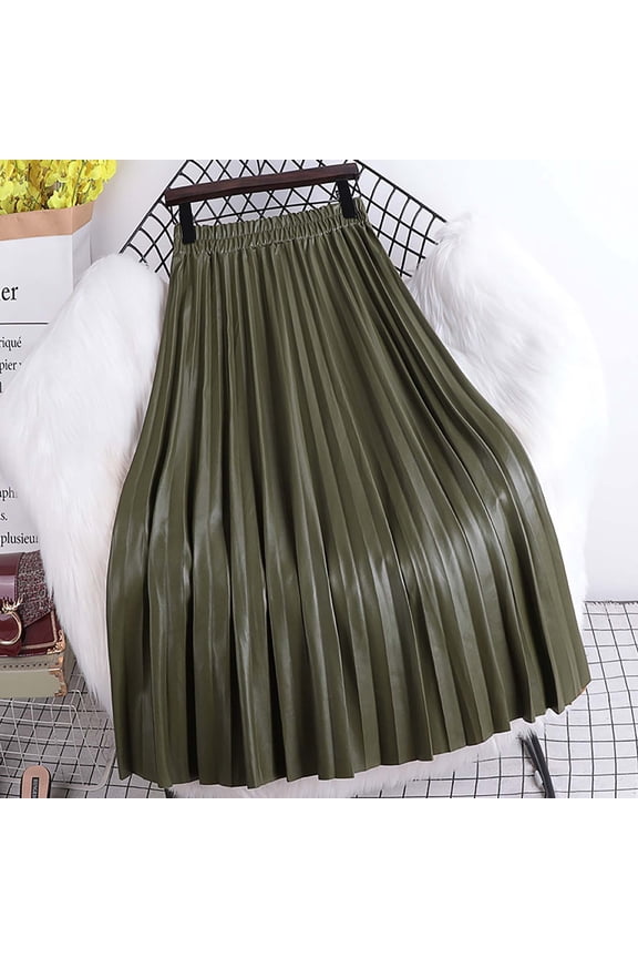 Leather Skirt For Women Pleated Extended Length Fall Winter Elastic High Waist A Line PU Leather Skirt Womens Skirts Green