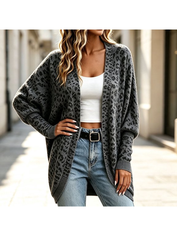 Leopard Print Cardigan Sweaters for Women Button Down Long Sleeve V Neck Sweater Fuzzy Casual Outerwear Fall Clothes M